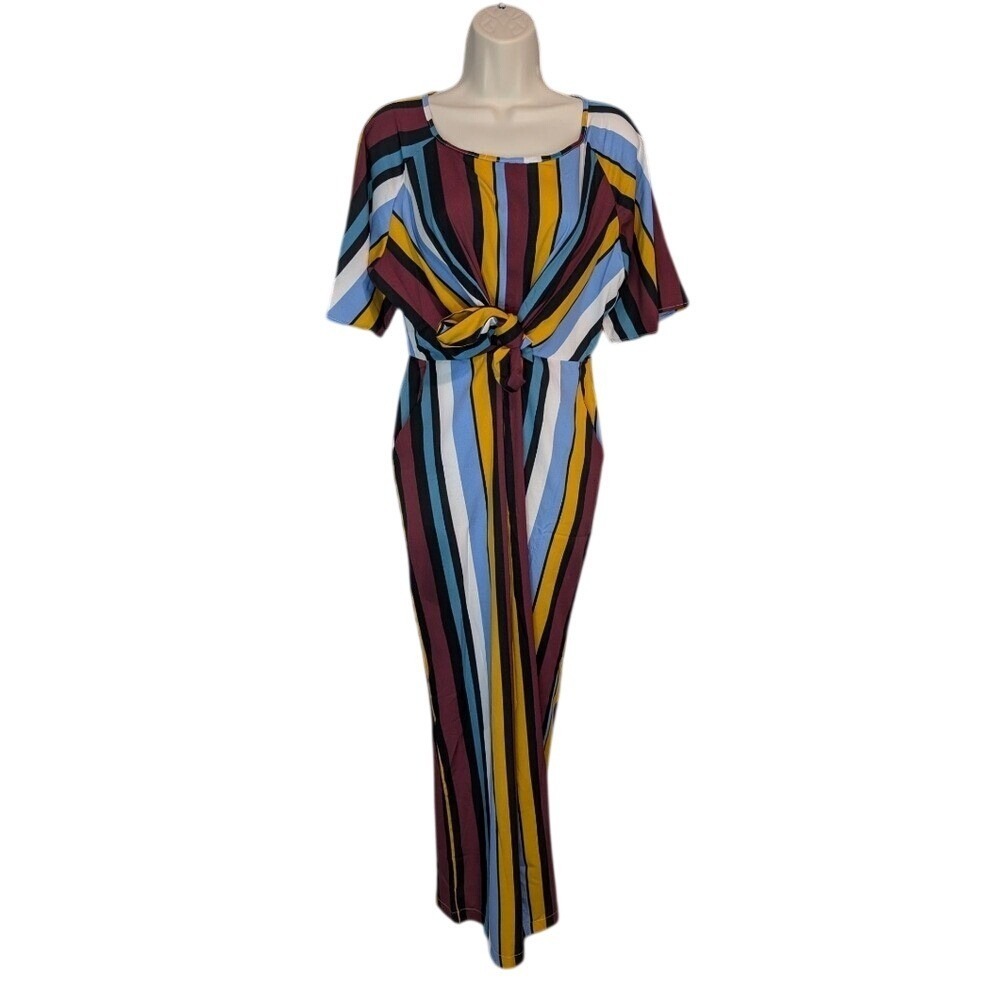 Davi & Dani Multicolor Striped Wide Leg Jumpsuit Tie Front Flutter Sleeve- Small